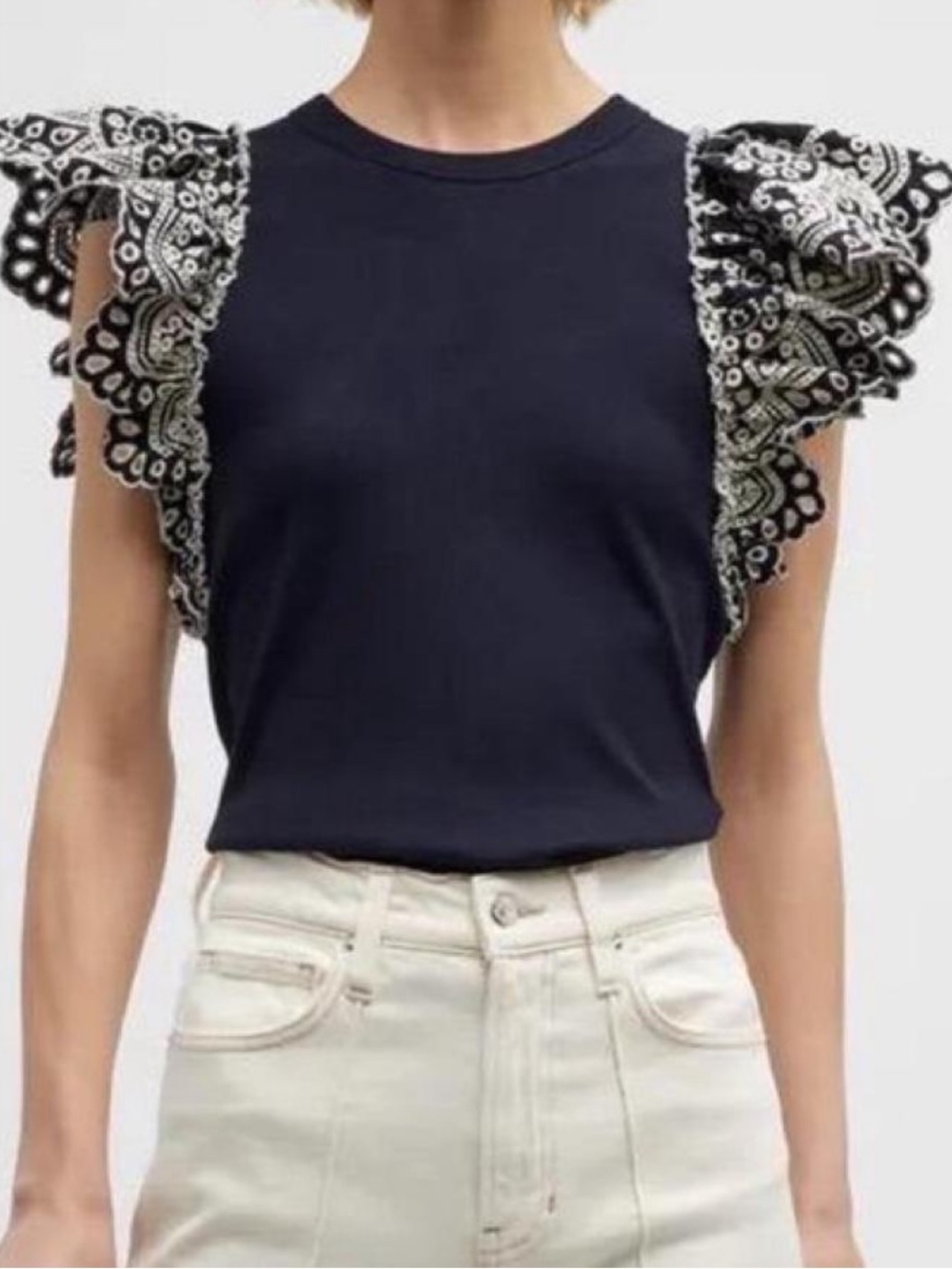 Veronica Beard Jeans Navy Ribbed Knit Top White Eyelet Lace Flutter Sleeve J2302